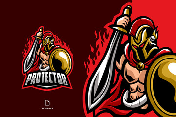 warrior fighter with sword and shield mascot game logo for esport team illustration 