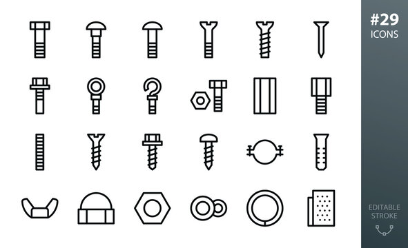 Metal Construction Hardware icon set. Set of bolts, nuts, screws, lock washer, pvc dowel, pipe clamp, roofing screw, steel ring anchor bolt, furniture euro screw, metal nail isolated vector icons