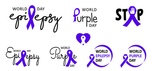 Purple day ribbon or month awareness november or april. World epilepsy day. Alzheimer disease, down, pancreatic cancer, fibromyalgia syndrome against. Vector solidarity ribbons symbol icons. Lupus day