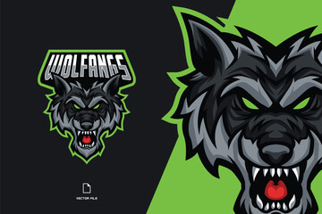 angry grey wolf head mascot character cartoon for sport game team logo illustration