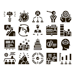 Mentor Relationship Glyph Set Vector Thin Line. Human Holding Key And Gear, Stopwatch And Mountain With Flag, Mentor Glyph Pictograms Black Illustrations