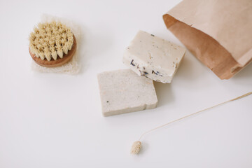 Zero waste kitchen accessories, natural organic soap. Concept of plastic free and eco friendly products in household, top view