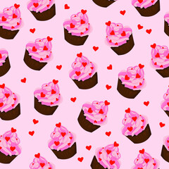 Chocolate cupcakes with pink cream and hearts vector illustration. St. Valentines day seamless pattern for games, background, pattern, decor. Print for fabrics and other surfaces.
