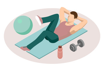 Isometric man doing fitness exercises. Sporty man in sportswear pumping press lying on mat in gym.