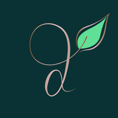 Letter d logo.Typographic icon isolated on dark green background. Script lettering sign with leaf shape. Lowercase alphabet initial.Luxury, fresh hand drawn style calligraphy.