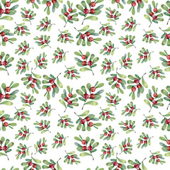 Christmas seamless pattern with holly leaves and berries. Hand drawn watercolor winter illustration on white background