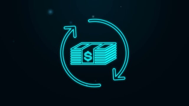 Glowing neon line Refund money icon isolated on black background. Financial services, cash back concept, money refund, return on investment, savings account. 4K Video motion graphic animation.