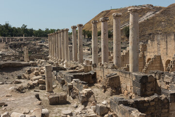 Ruins of ancient roman columns in Beit Shean, Israel.