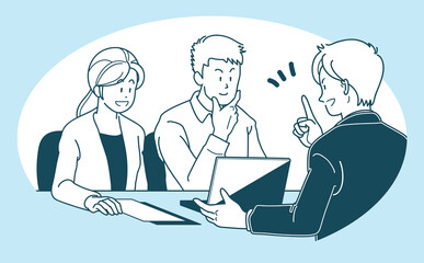 商談する若い夫婦とビジネスマンのイラスト