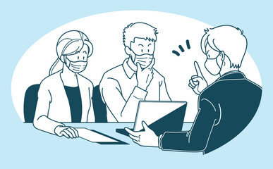 マスクを付けて商談する若い夫婦とビジネスマンのイラスト