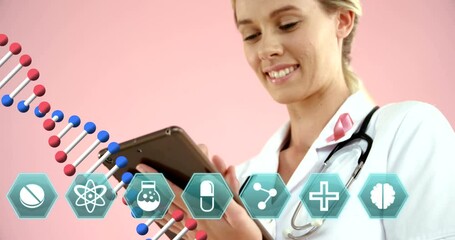 DNA structure and medical icons against female doctor using digital tablet - Powered by Adobe