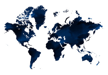 Fototapeta premium Dark blue Vintage map of the world on a blue background. Horizontal Watercolor illustration.