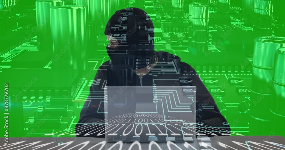 Poster hacker using laptop over binary coding against circuit of connections
