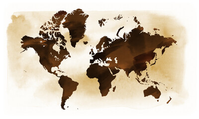 Brown Vintage map of the world on a sepia background. Horizontal Watercolor illustration.