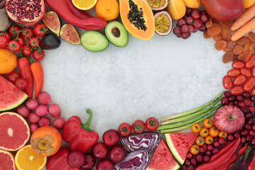 Plant based vegan health food border high in lycopene with fruit & vegetables also high in antioxidants, anthocyanins, vitamins, carotenoids, minerals, vitamins & dietary fibre. Immune system boosting