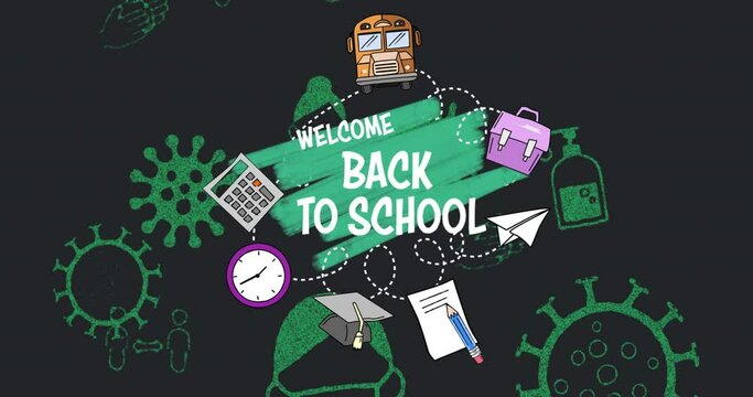 Welcome back to school text against coronavirus concept icons on black background