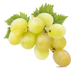 Fresh grapes with leaves isolated on white background with clipping pass