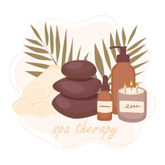 Vector hand-drawn illustration of different spa products. Essential oil bottle, aroma candle, stones, towels and tropical leaf on background. Spa set with lettering.