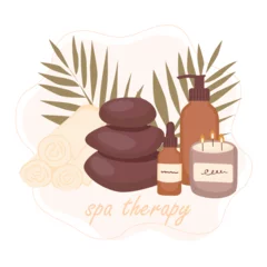 Keuken spatwand met foto Vector hand-drawn illustration of different spa products. Essential oil bottle, aroma candle, stones, towels and tropical leaf on background. Spa set with lettering. © Inka K