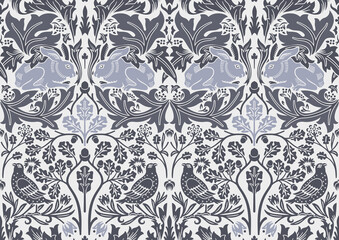 Image of Hand drawn seamless pattern ornament with hare and bird in foliage. Vector illustration. printed on Printed Glass Splashbacks