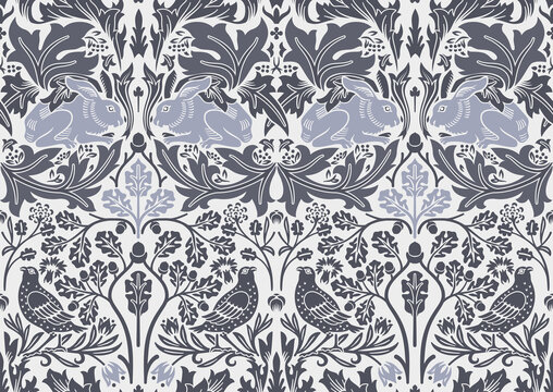Hand drawn seamless pattern ornament with hare and bird in foliage. Vector illustration.