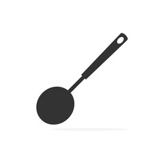 Large spoon with shadow vector icon. Black outline cooking symbol illustration isolated on white. Ladle silhouette kitchen equipment.