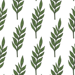 Isolated minimalistic botanic seamless pattern with green foliage branches. Simple leaves silhouettes. Nature backdrop.