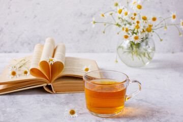 traditional medicine, a cup of herbal tea and a bouquet of daisies, an old book with recipes on a gray background	