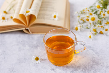 a cup of herbal tea, a bouquet of daisies, an old book on a light background, a still life. people 's medicine