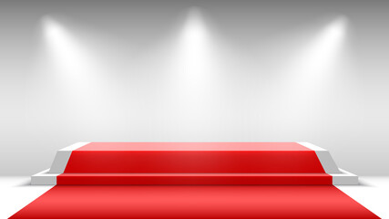 Obraz premium Podium with red carpet and spotlights. Blank pedestal. Stage for awards ceremony. Vector illustration.