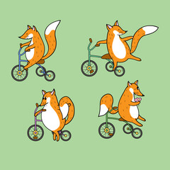 Collection with foxes on bicycles. Orange and white tones. Can be used for wallpapers, pattern fills, textile, surface textures