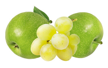Fresh grapes and green apples isolated on white background with clipping pass