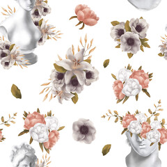 Materiał do szycia Floral raster seamless pattern. Botanical motifs with greek statue . Illustration with flowers can be used for wallpapers, pattern fills, web page backgrounds,surface textures. Gorgeous flowers