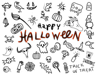 Set of Halloween doodle.Collection halloween and magic elements,trick or treat.Isolated vector on white background.