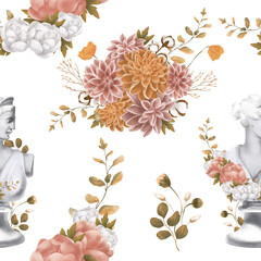 Materiał do szycia Floral raster seamless pattern. Botanical motifs with greek statue . Illustration with flowers can be used for wallpapers, pattern fills, web page backgrounds,surface textures. Gorgeous flowers