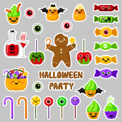 Cute halloween set candies stickers. Vector. Kawaii. Cartoon style. Traditional treats. Holiday symbols. Isolated on gray background. Funny sweets for the design of cards, notebooks, flyers.