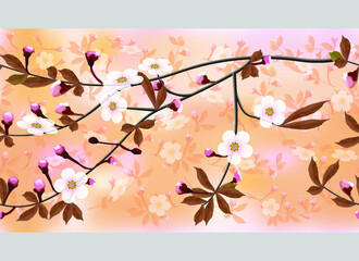 A border of blossoming branches of cherry on brown abstract background. Sakura seamless floral texture. Vector