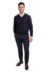 Young business man smiling and standing with one hand in pocket on a white background