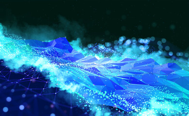 Wireless technologies, cryptography, cyberspace, neural network 3D illustration. Big data concept. Global database and artificial intelligence. Bright, colorful background with bokeh effect
