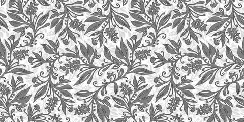 Floral seamless pattern with leaves and berries in grayscale. Hand drawing. Background for title, blog, decoration. Design for wallpapers, textiles, fabrics.