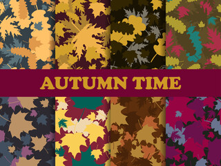 Autumn leaves set of seamless pattern. Falling leaves, leaf fall. Oak and maple. Background for wrapping paper, print, fabric and printing. Vector illustration