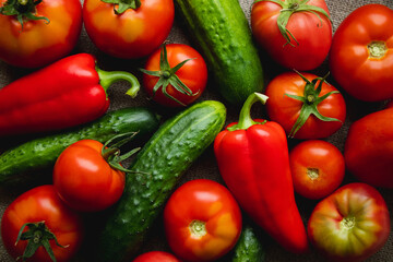 Food background. Colorful fresh summer vegetables. Set of ripe tomatoes, cucumbers and red peppers. Healthy food background. Concept of harvest. Vegetable composition