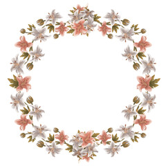 Raster flower wreath. Floral illustration on white background. Botanical image can be used for wedding invitation, design template, greeting card, patterns fill.