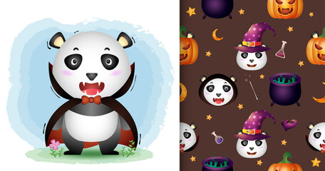 a cute panda with dracula costume halloween character collection. seamless pattern and illustration designs