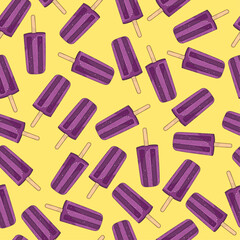 Realistic purple popsicles on yellow background seamless pattern with outlines. Cartoon colorful summer vector illustration for games, background, pattern, decor. Print for fabrics and other surfaces.