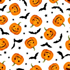 Vector Halloween seamless background with jack-o-lanterns (pumpkins), bats and stars on white.