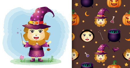 a cute lion with costume halloween character collection. seamless pattern and illustration designs