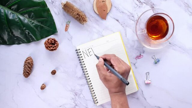  hand writing new year goals text on notepad.