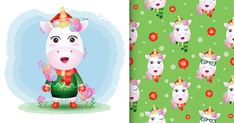 a cute unicorn christmas characters collection with a hat, jacket and scarf. seamless pattern and illustration designs