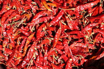 Dried red chili pepper sold in a food street market